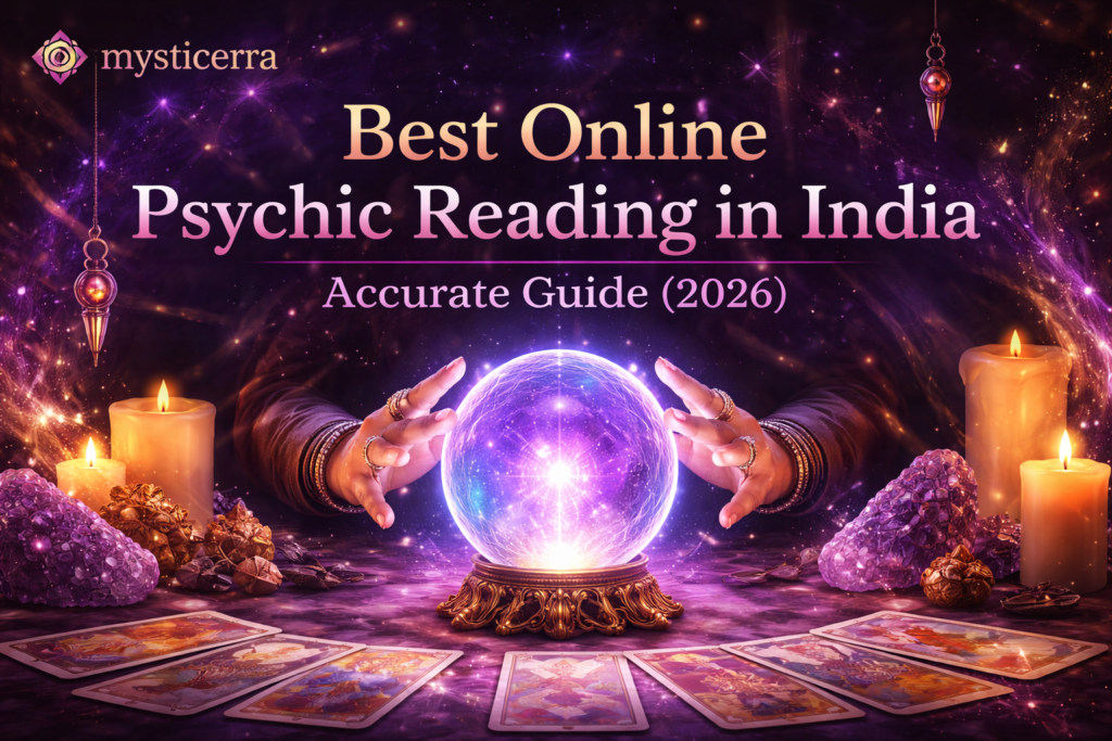 Online psychic reading India banner showing tarot cards and crystal ball for accurate guide 2026